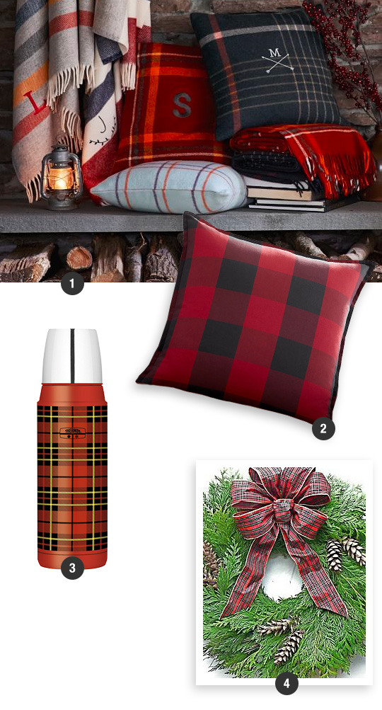 Plaid-Wool-Pillow-Cover-And-Blankets-With-Buffalo-Check-Plaid-Pillow-Cover-Plaid-Compact-Bottle-And-Cedar-Wreath-With-Plaid-Bow